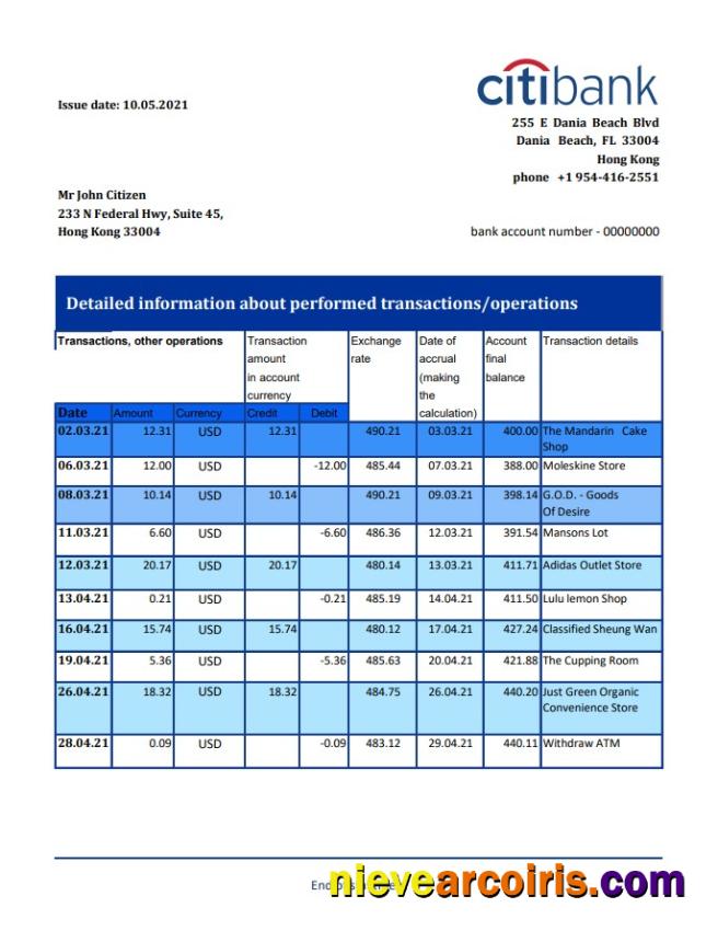 Hong Kong Citibank excel